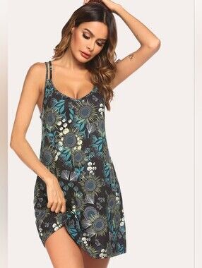 Ekouaer Floral Mini Dress Black & Blue XXXL